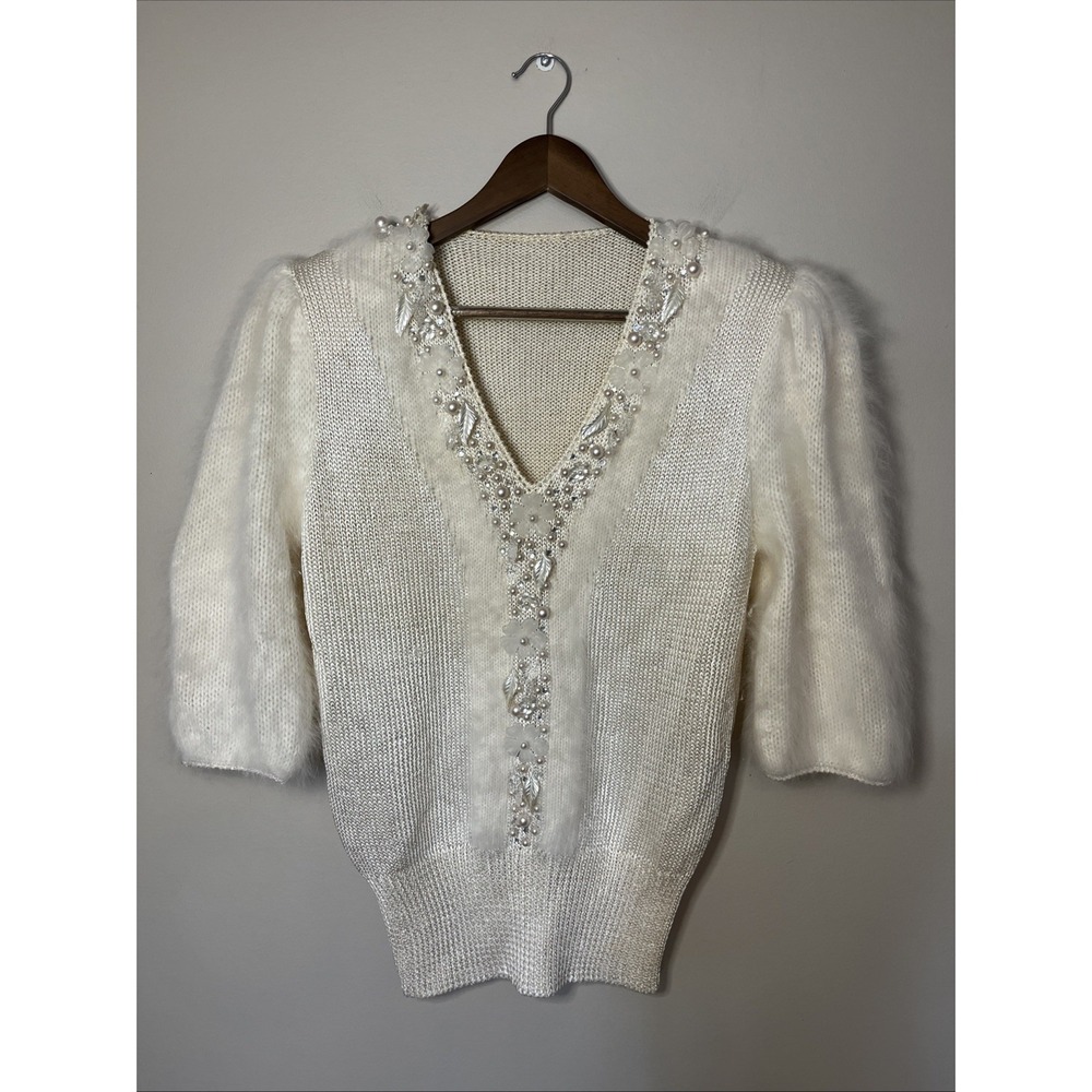 VTG 80s Glam Angora‎ Beaded Sweater Small Ivory Pearl Embellished Puff Sleeve
